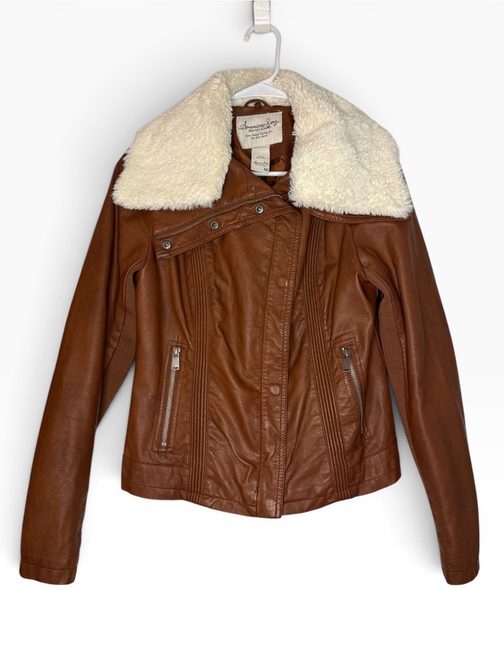 American Rag Brown Faux Leather Jacket with Cream Sherpa Collar